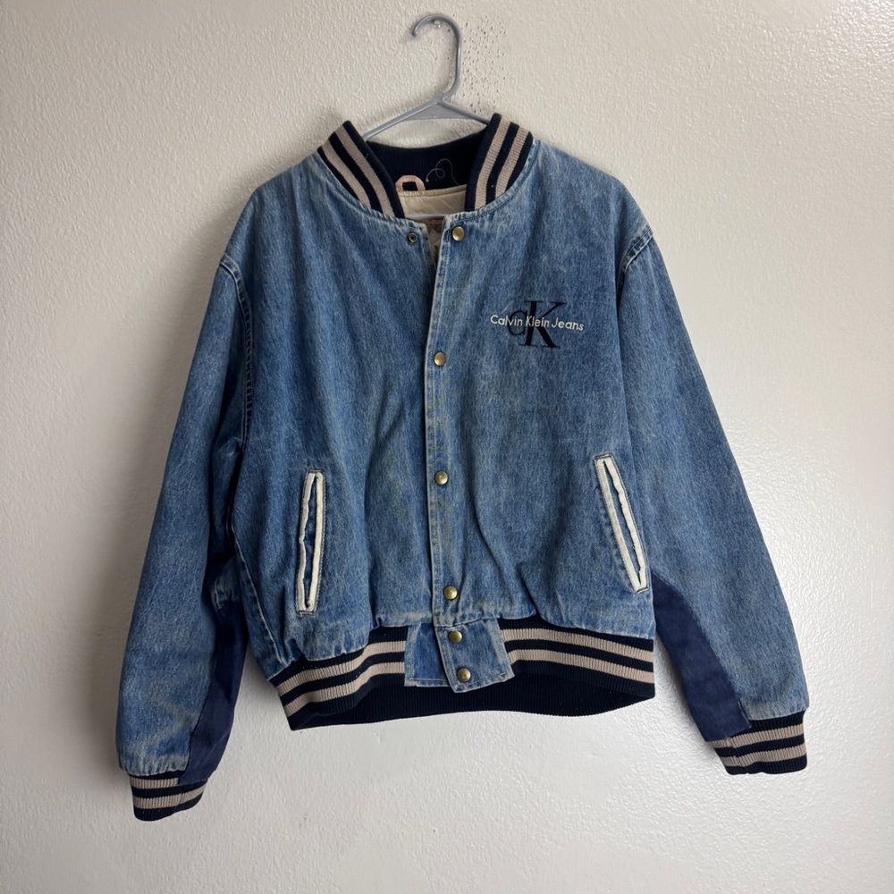 Calvin Klein Denim Varsity Jacket Size Small Vintage Oversized - Picture 3 of 10